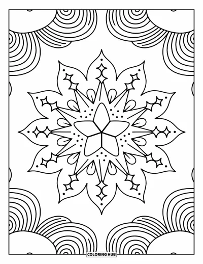 Geometric Mandala Coloring Page for Adults: From a star center, bursts and sparkles form a dreamy sky-like mandala