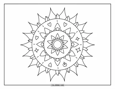 Geometric Mandala Coloring Page for Adults: Hearts and runes decorate layered rings of stars and rays in this sweet design
