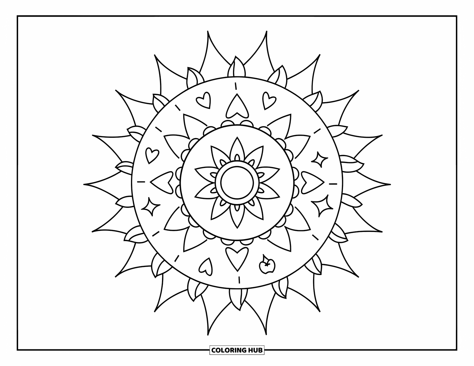 Geometric Mandala Coloring Page for Adults: Hearts and runes decorate layered rings of stars and rays in this sweet design
