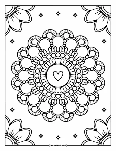 Geometric Mandala Coloring Page for Adults: Hearts, pearls, and ribbon curls swirl into a fabric-like mandala pattern