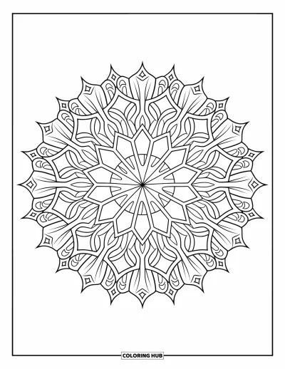 Geometric Mandala Coloring Page for Adults: Pointed hexagons bloom with floral detail in a balanced, bold design