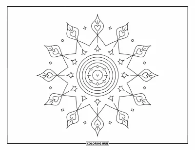 Geometric Mandala Coloring Page for Adults: Pointed stars and magical symbols build a whimsical mandala full of cozy charm