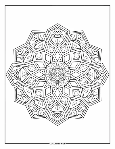 Geometric Mandala Coloring Page for Adults: Polygon layers interlock in a lace-like mandala with strong, clean lines