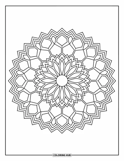 Geometric Mandala Coloring Page for Adults: Sharp-edged hexagons meet soft petals in this detailed, circular mandala