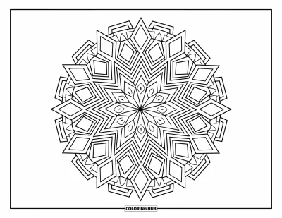 Geometric Mandala Coloring Page for Adults: Sharp stars and smooth rhombuses alternate in this crisp, detailed mandala