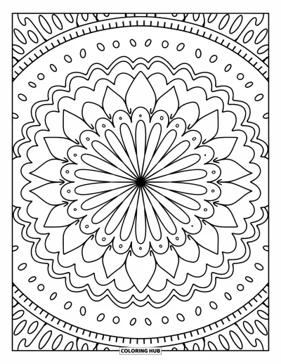 Geometric Mandala Coloring Page for Adults: Soft shapes like sprinkles and curves form a charming, icing-inspired mandala