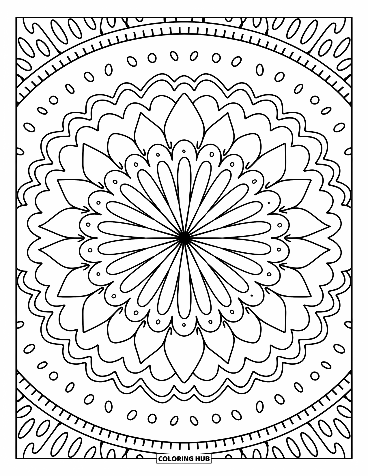 Geometric Mandala Coloring Page for Adults: Soft shapes like sprinkles and curves form a charming, icing-inspired mandala