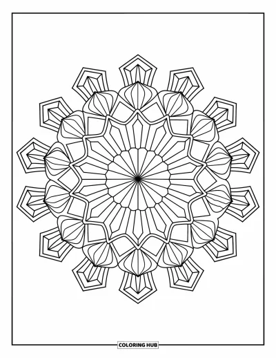 Geometric Mandala Coloring Page for Adults: Spiked hexagons and floral shapes blend in this crisp, radial mandala