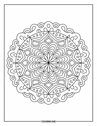 Geometric Mandala Coloring Page for Adults: Sprinkles and loops wrap around starbursts in this fun, frosted-looking design