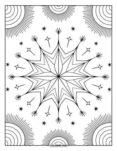 Geometric Mandala Coloring Page for Adults: Starbursts and crescents swirl outward with sparkles and gentle zigzags