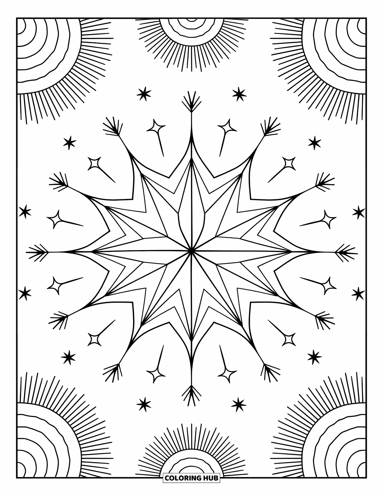 Geometric Mandala Coloring Page for Adults: Starbursts and crescents swirl outward with sparkles and gentle zigzags