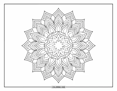 Geometric Mandala Coloring Page for Adults: Stars and rhombuses tessellate in perfect harmony across this bold mandala