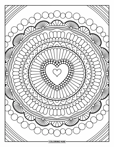 Geometric Mandala Coloring Page for Adults: Tiny bows and hearts begin a delicate, lacy circle full of cozy details