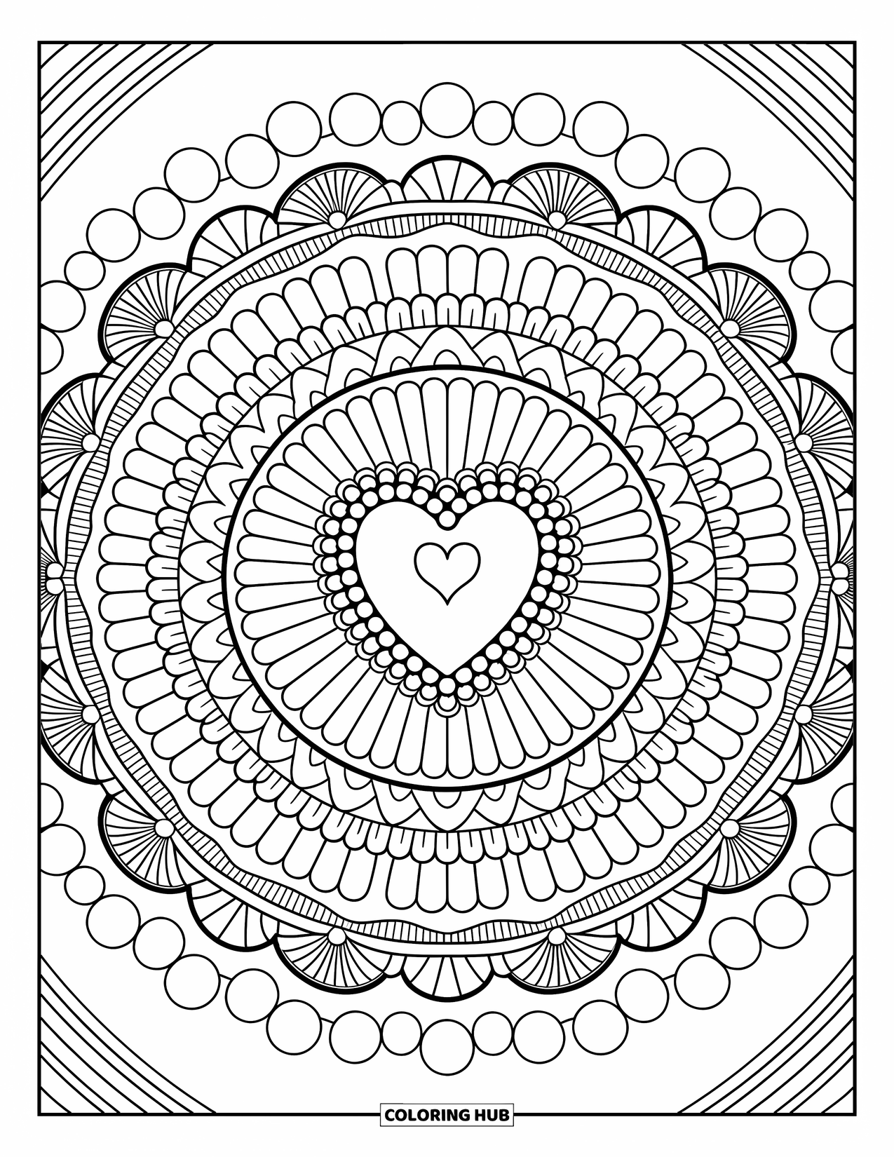 Geometric Mandala Coloring Page for Adults: Tiny bows and hearts begin a delicate, lacy circle full of cozy details