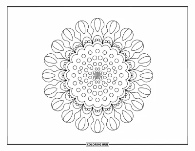 Geometric Mandala Coloring Page for Adults: Tiny circles spiral into bubbly rings and petals in this airy, gentle mandala