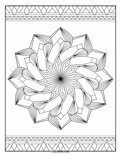 Geometric Mandala Coloring Page for Adults: Tiny diamonds and triangles spin in a hypnotic, swirling mandala flow