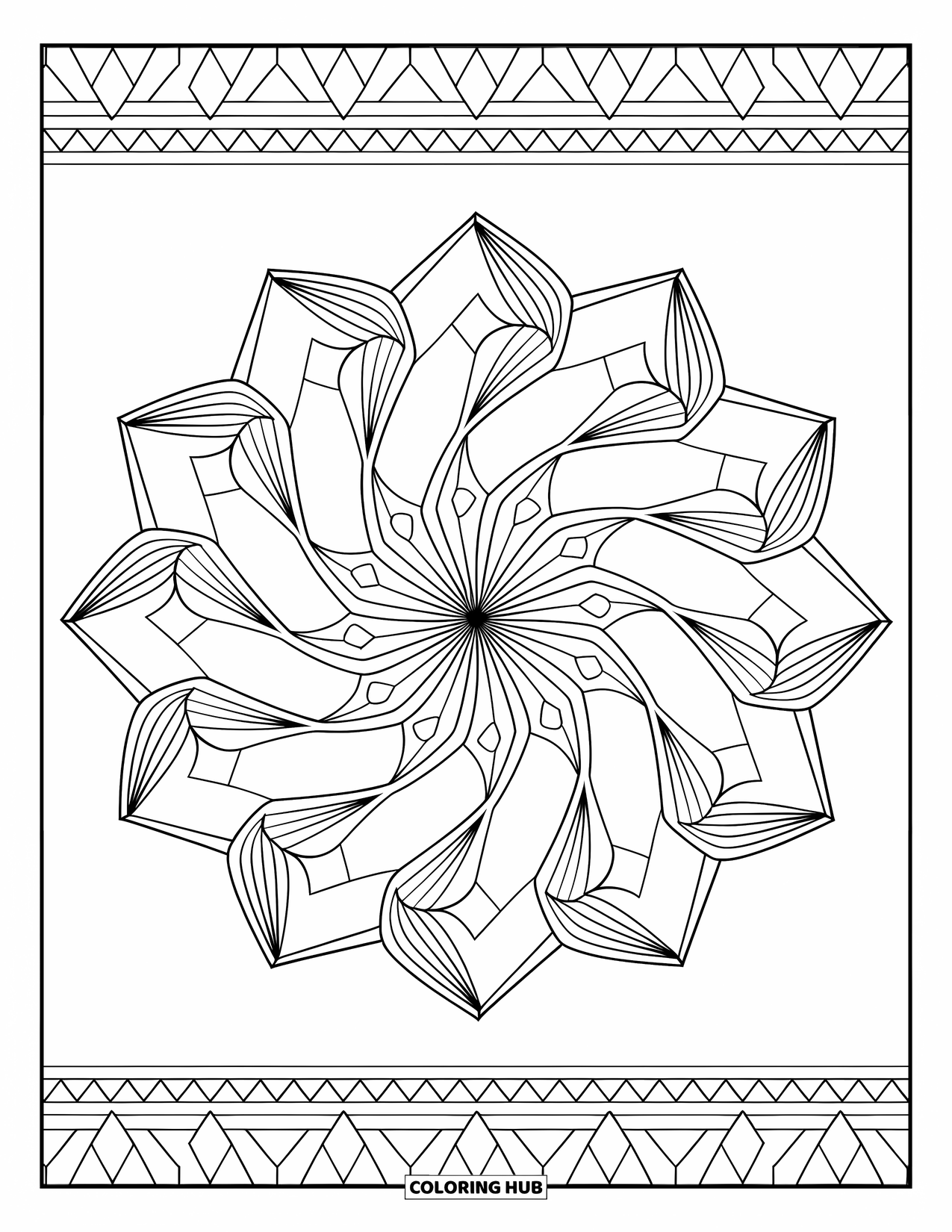 Geometric Mandala Coloring Page for Adults: Tiny diamonds and triangles spin in a hypnotic, swirling mandala flow