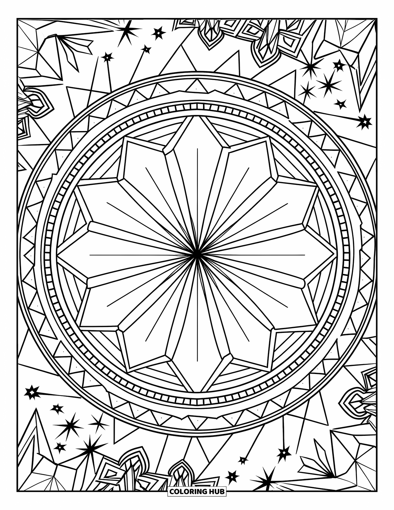 Geometric Mandala Coloring Page for Adults: Triangles, stars, and diamonds swirl in this mandala full of motion