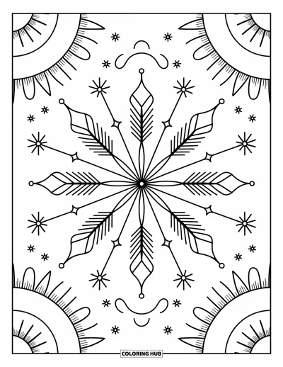 Geometric Mandala Coloring Page for Adults: Whimsical star shapes and sparkles flow in layers with soft curved accents
