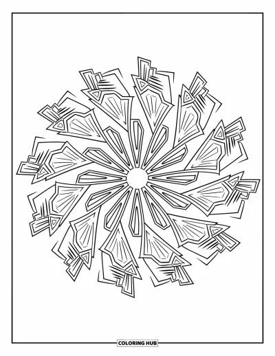 Geometric Mandala Coloring Page for Kids: A bold mandala of shards and wings creates a striking, radial design