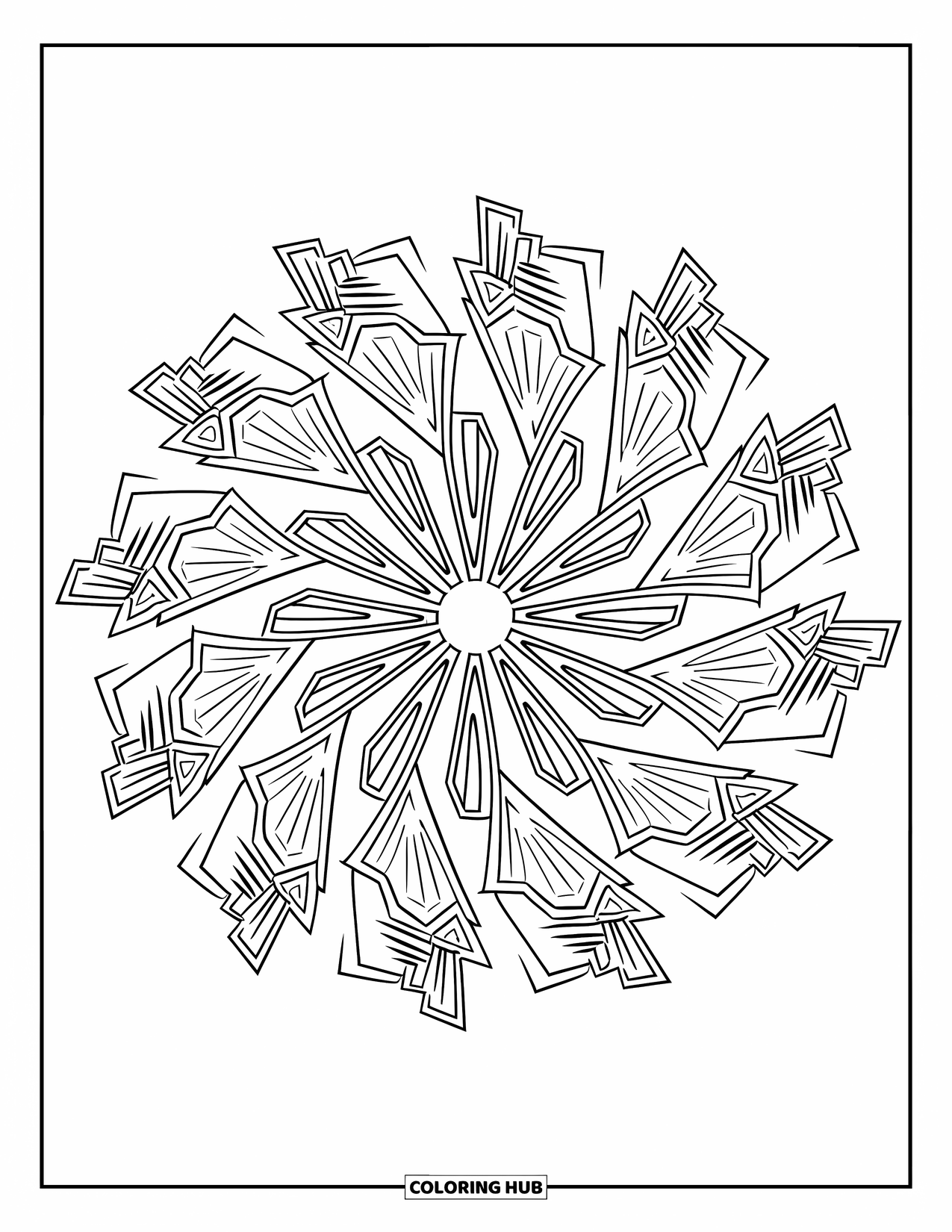 Geometric Mandala Coloring Page for Kids: A bold mandala of shards and wings creates a striking, radial design