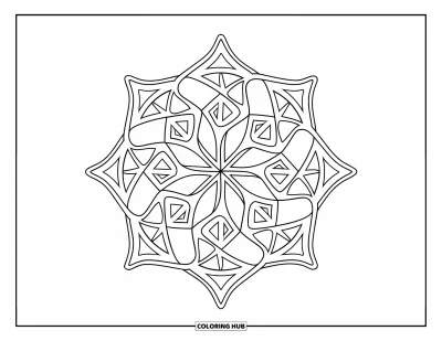 Geometric Mandala Coloring Page for Kids: A center circle bursts into swirling triangles and soft curves in this bold design