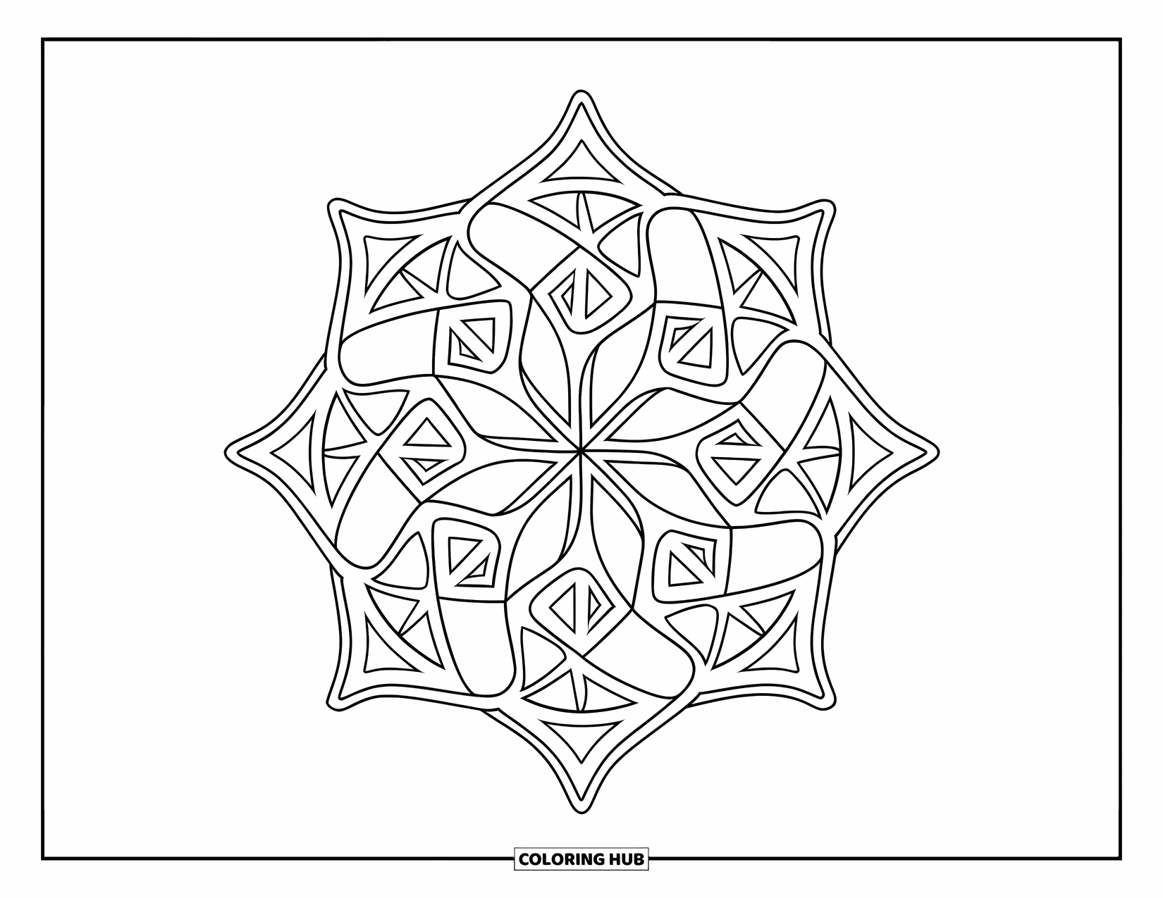 Geometric Mandala Coloring Page for Kids: A center circle bursts into swirling triangles and soft curves in this bold design