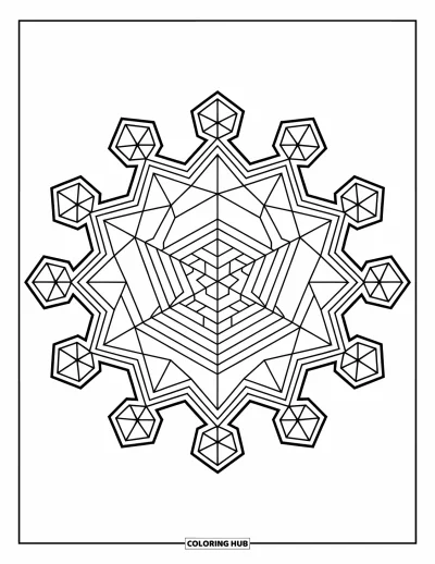 Geometric Mandala Coloring Page for Kids: A hexagon mandala features blocky stars and sharp triangles for a modern look