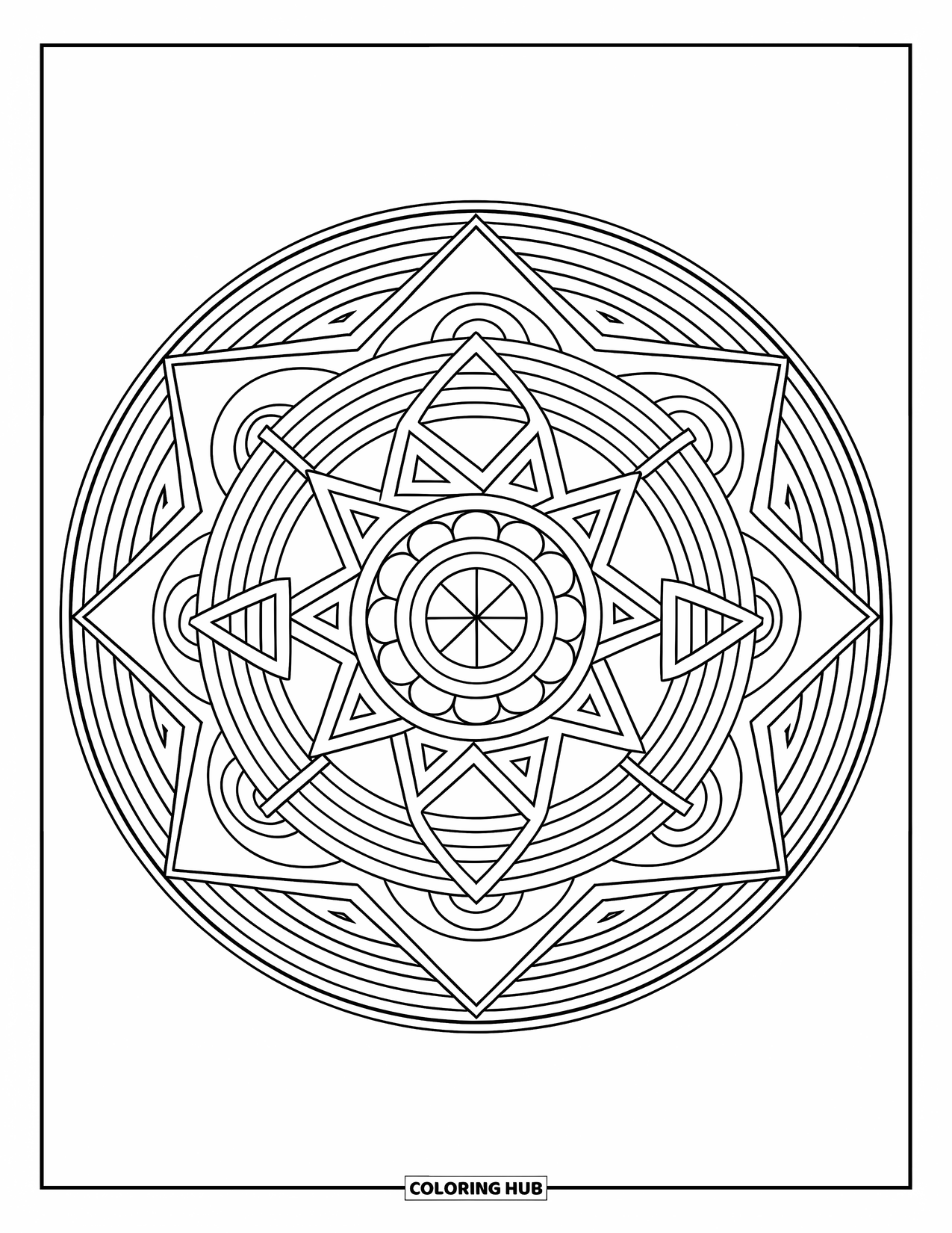 Geometric Mandala Coloring Page for Kids: A layered mandala of triangles and hexagons plays with light and symmetry