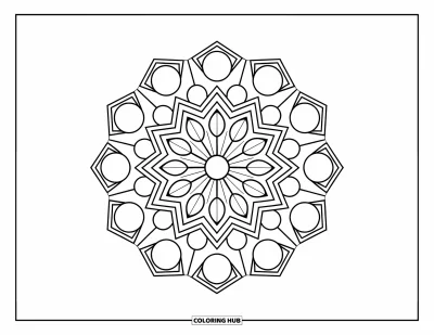 Geometric Mandala Coloring Page for Kids: A mandala of hexagons and circles spins with big, fun shapes