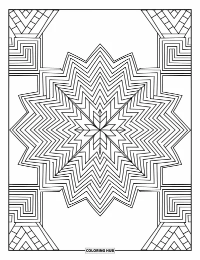 Geometric Mandala Coloring Page for Kids: A mandala of sharp lines and zigzags brings bold symmetry and energy