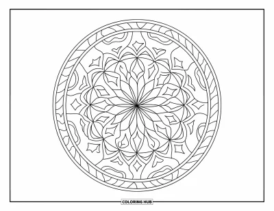 Geometric Mandala Coloring Page for Kids: A radial mandala of diamonds, stars, and curves invites bold, focused coloring