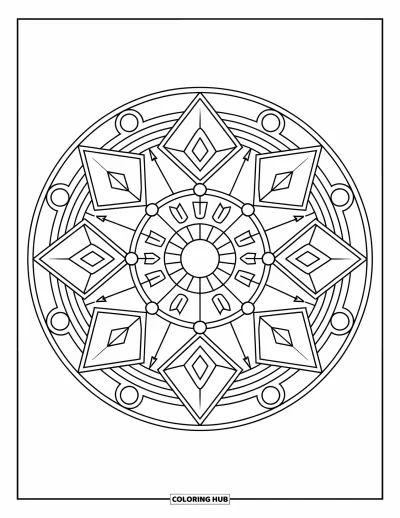 Geometric Mandala Coloring Page for Kids: A radial mandala with diamonds and circles creates smooth, clean repetition