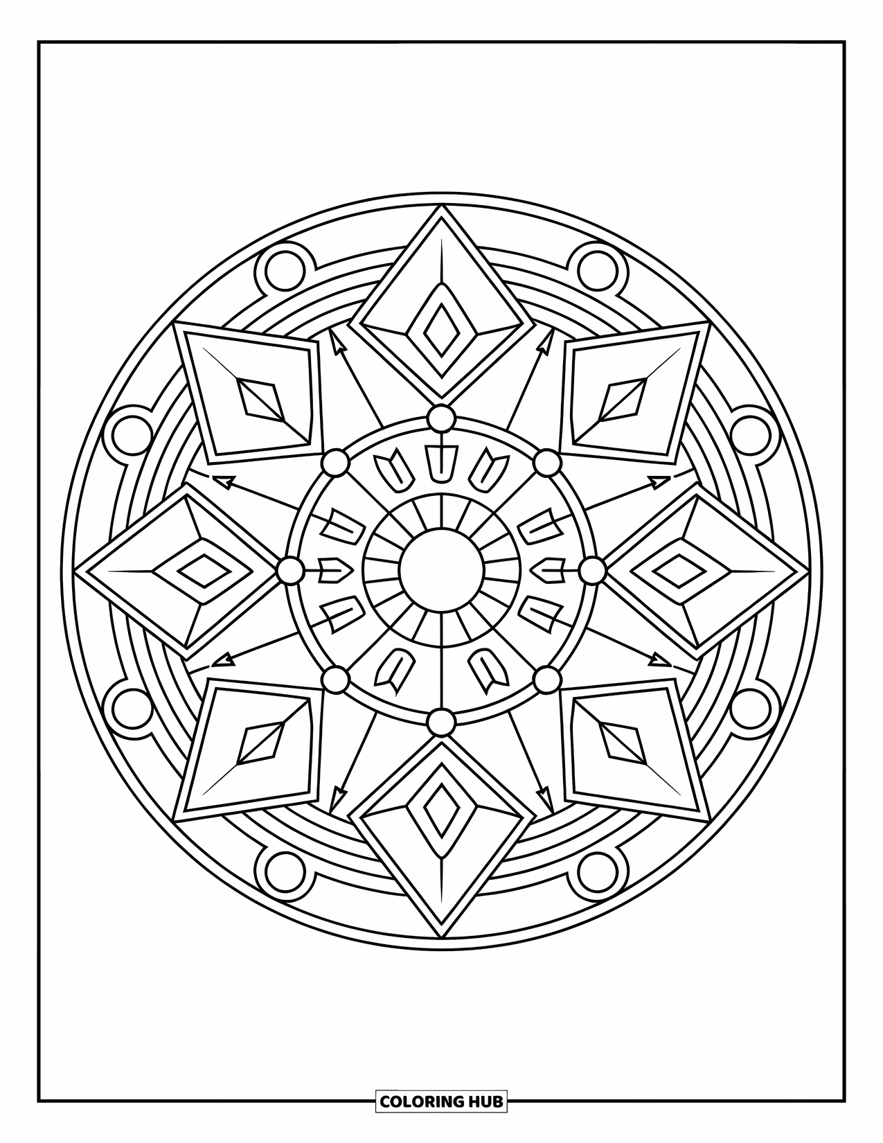 Geometric Mandala Coloring Page for Kids: A radial mandala with diamonds and circles creates smooth, clean repetition