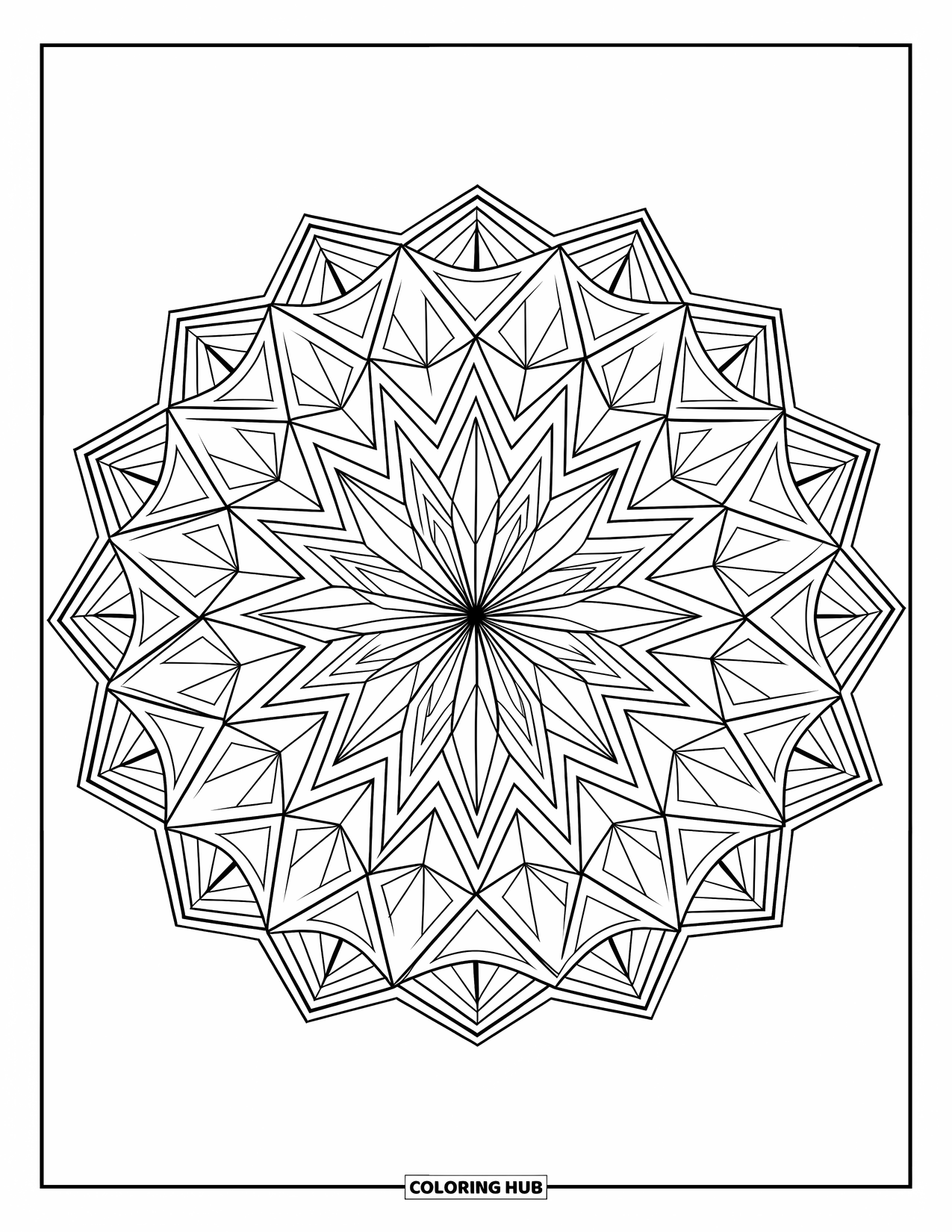 Geometric Mandala Coloring Page for Kids: A sharp triangle maze creates a modern mandala full of angles and rhythm