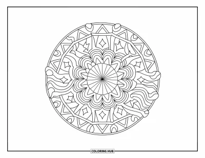 Geometric Mandala Coloring Page for Kids: A soft mandala of diamonds and stars repeats in playful circular grids