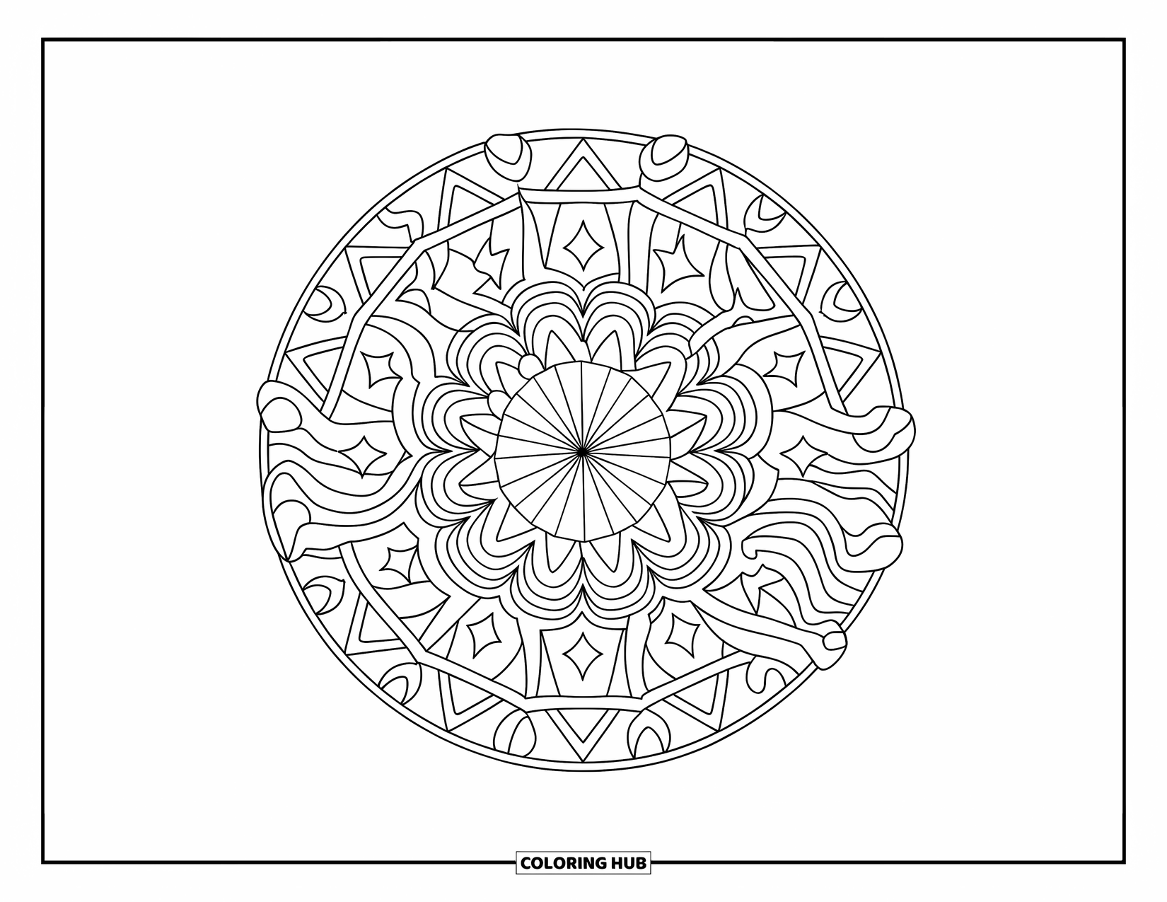 Geometric Mandala Coloring Page for Kids: A soft mandala of diamonds and stars repeats in playful circular grids