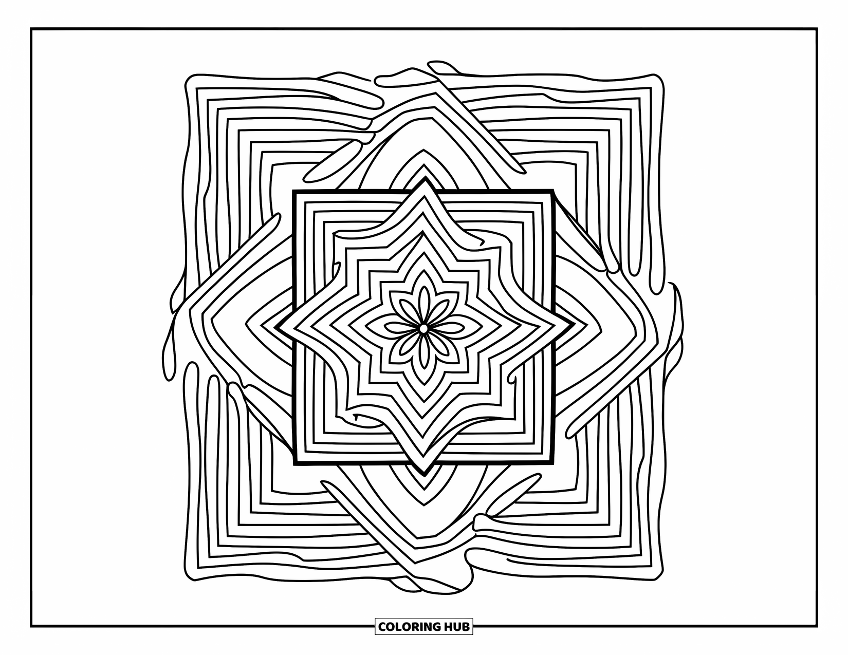 Geometric Mandala Coloring Page for Kids: A swirl of squares and soft lines forms a balanced mandala with a modern vibe