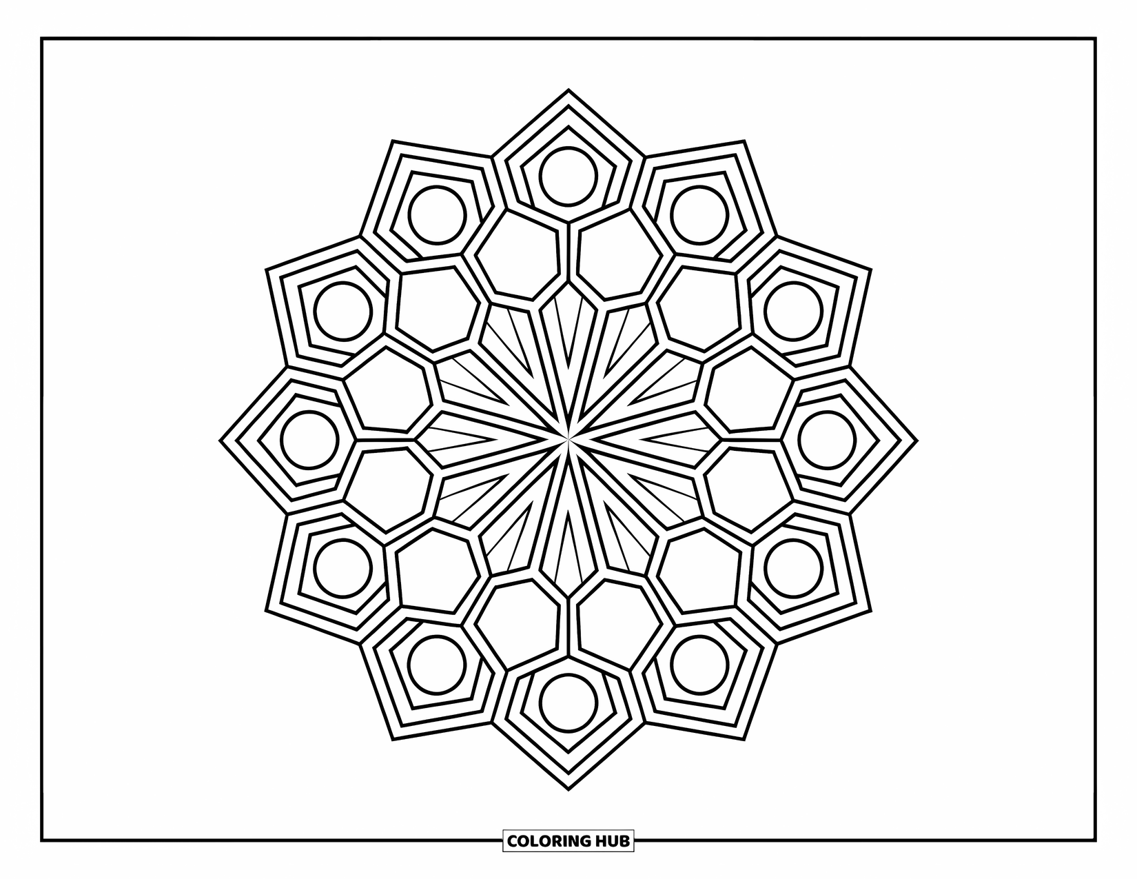 Geometric Mandala Coloring Page for Kids: Big bold shapes form a playful, easy-to-color geometric mandala
