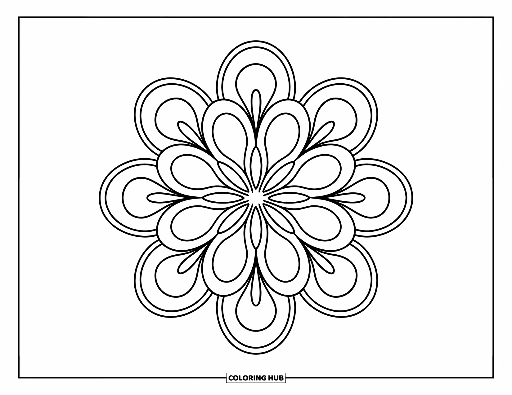 Geometric Mandala Coloring Page for Kids: Big petals filled with simple shapes create a calm floral mandala
