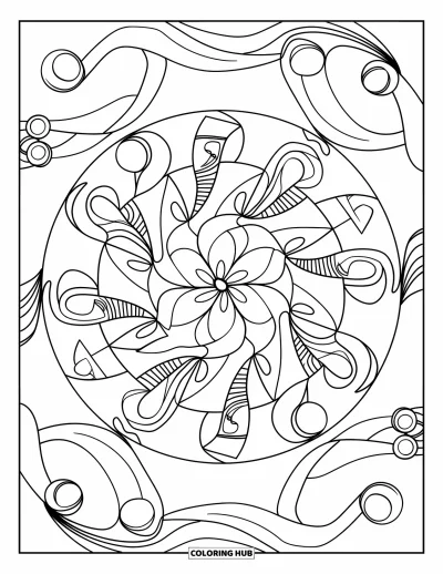 Geometric Mandala Coloring Page for Kids: Bold waves and spirals twist through circles and triangles in a smooth rhythm