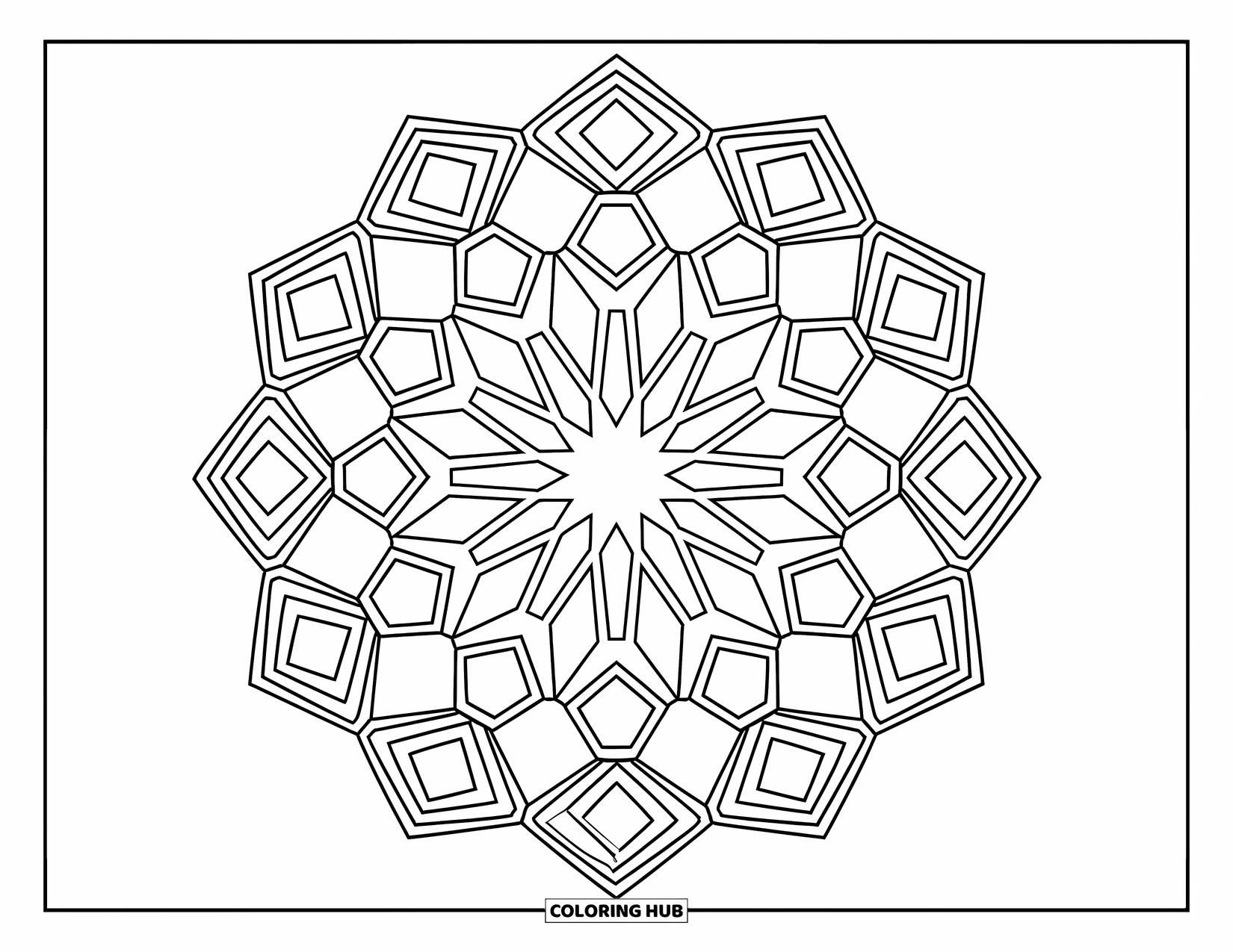 Geometric Mandala Coloring Page for Kids: Chunky shapes build a bold mandala of geometric harmony