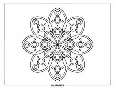 Geometric Mandala Coloring Page for Kids: Circles and ovals build a symmetrical flower mandala with soft flow