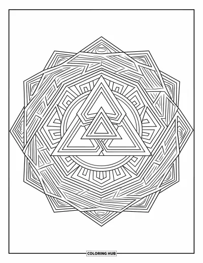 Geometric Mandala Coloring Page for Kids: Crisp lines and diagonal layers form a geometric mandala with strong shapes