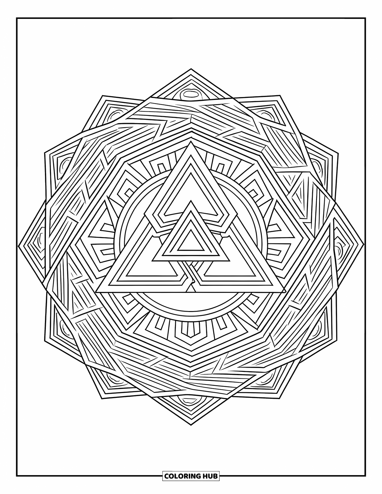 Geometric Mandala Coloring Page for Kids: Crisp lines and diagonal layers form a geometric mandala with strong shapes