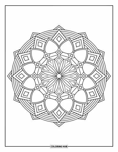Geometric Mandala Coloring Page for Kids: Diamonds, arrows, and circles repeat in layers to form this bold mandala