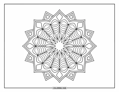 Geometric Mandala Coloring Page for Kids: Diamonds, stars, and waves form a rhythmic layered mandala with symmetry