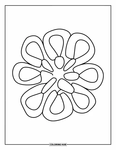 Geometric Mandala Coloring Page for Kids: Five large petals filled with bold shapes create a simple, flower-inspired mandala