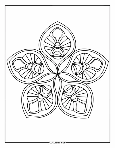 Geometric Mandala Coloring Page for Kids: Five petal shapes filled with bold designs create a playful, modern mandala
