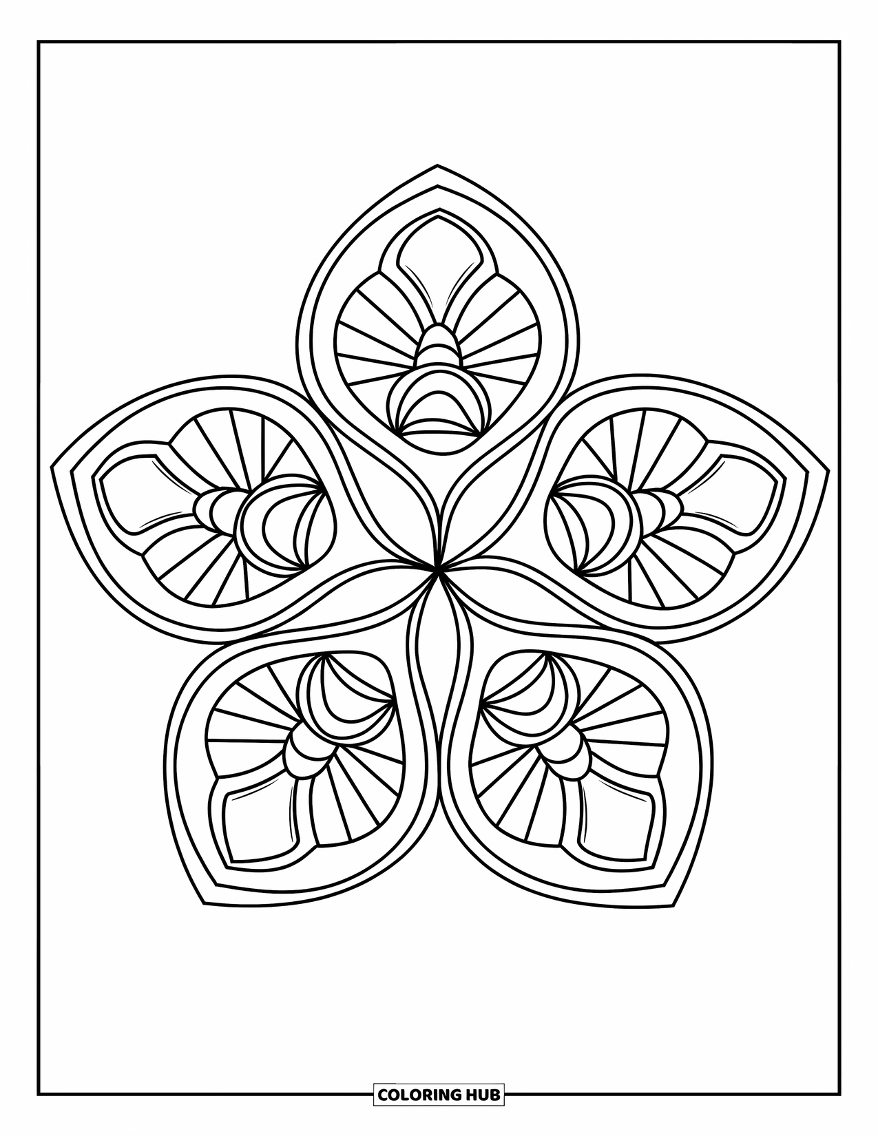 Geometric Mandala Coloring Page for Kids: Five petal shapes filled with bold designs create a playful, modern mandala
